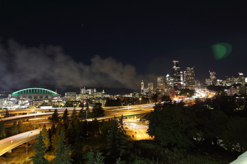 Seattle Skyline with Iconic Homeless Camp Fire